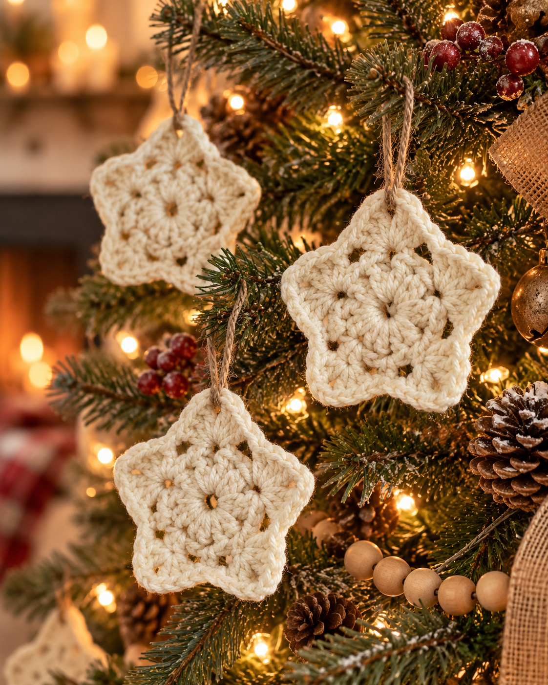 Handmade Crochet Star Christmas Ornaments – Ivory Cream Rustic Farmhouse Holiday Decor