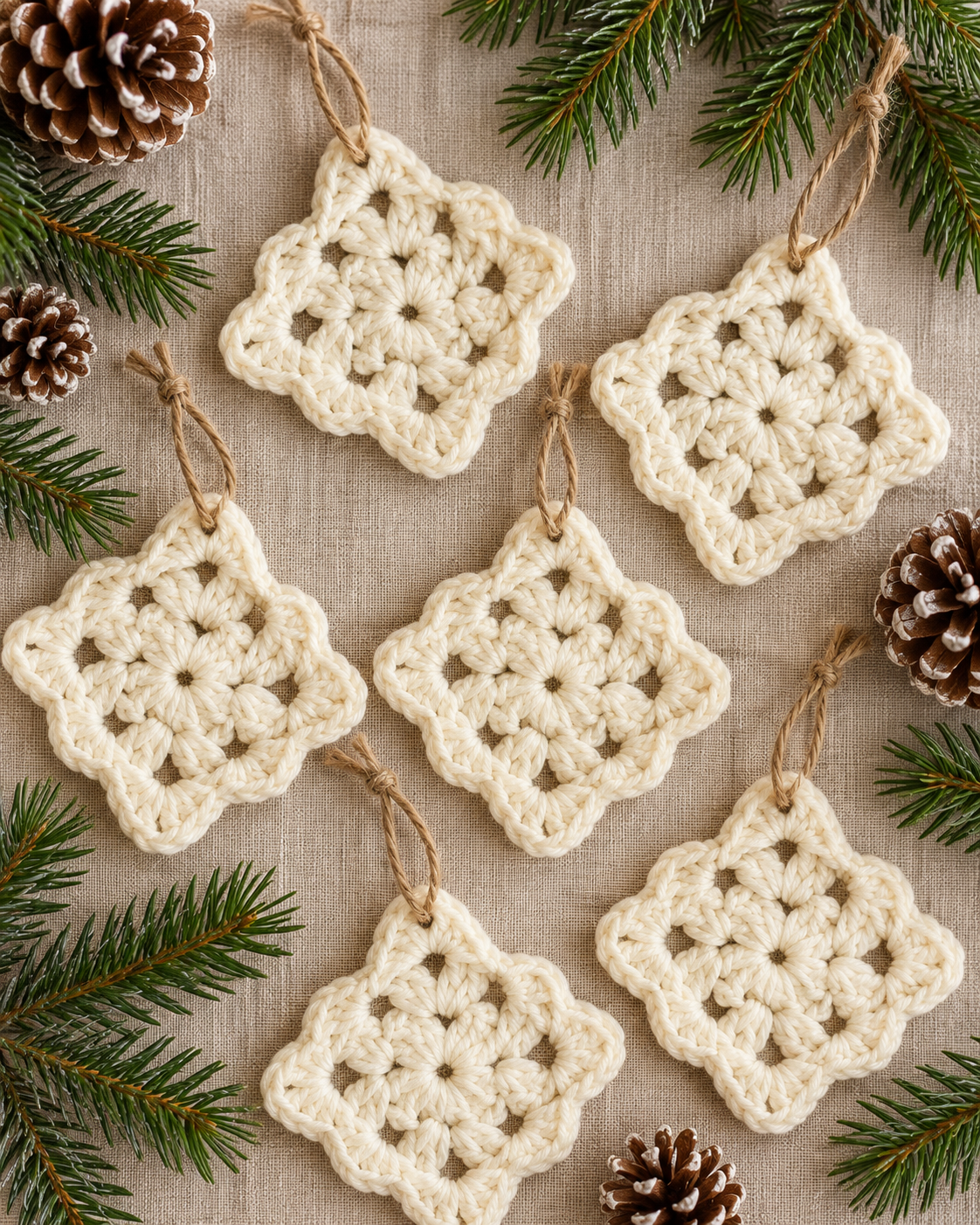 Handmade Crochet Star Christmas Ornaments – Ivory Cream Rustic Farmhouse Holiday Decor