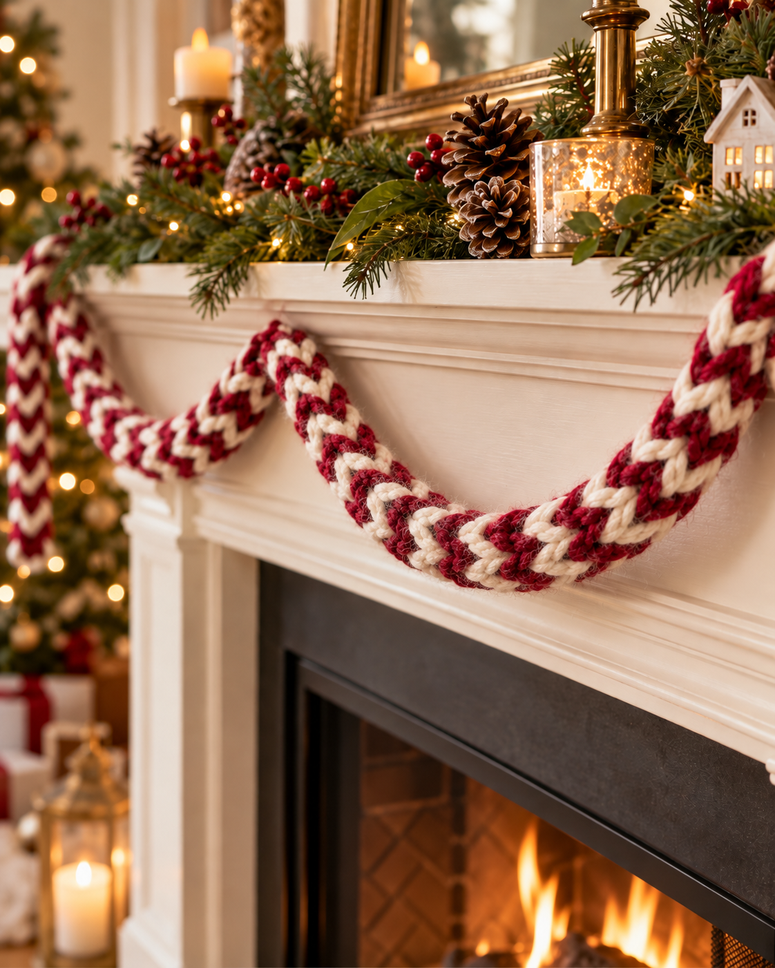 Handmade Chunky Crochet Christmas Garland – Burgundy &amp; Cream
