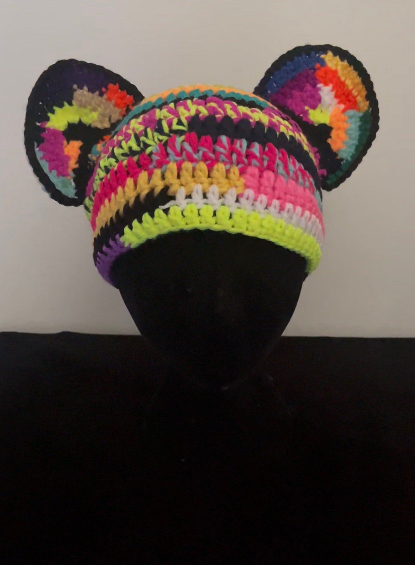 🌈 Rainbow Rebel Crochet Bear Ear Beanie