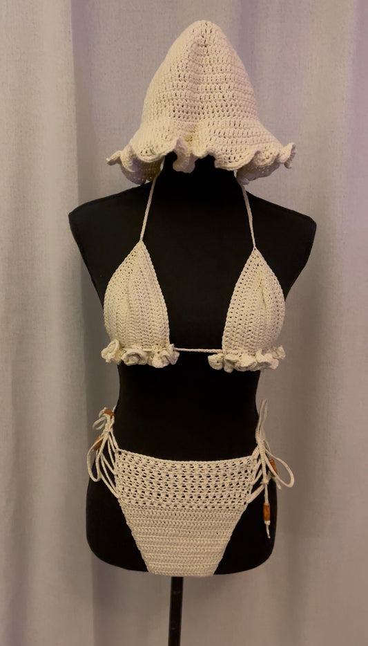 Ivory Seashell Crochet Bikini & Hat Set