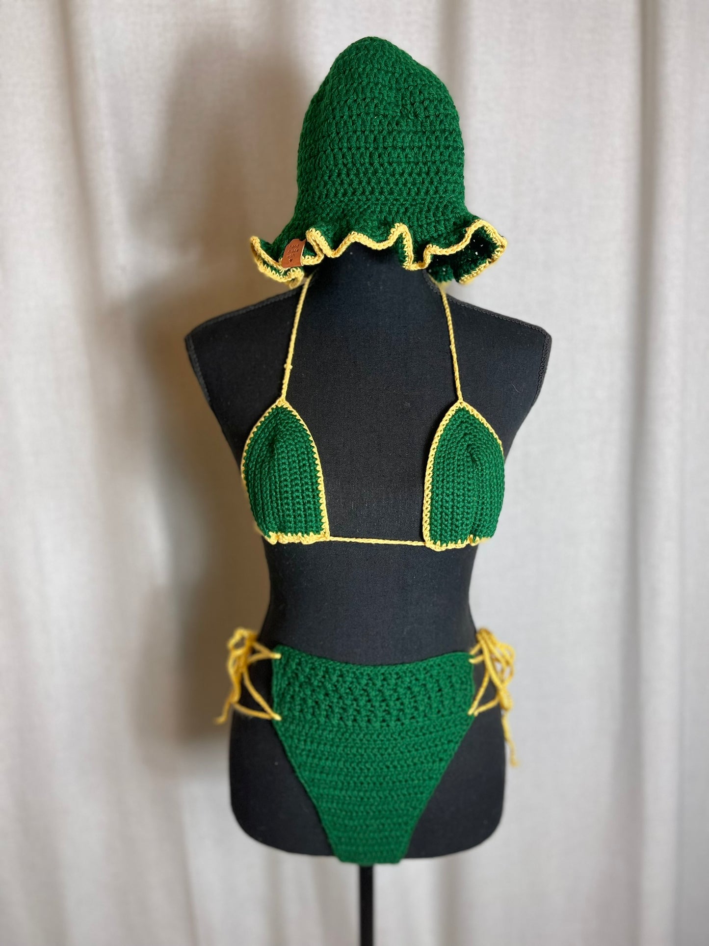 Hunter Green & Golden Glow 3-Piece Crochet Bikini Set