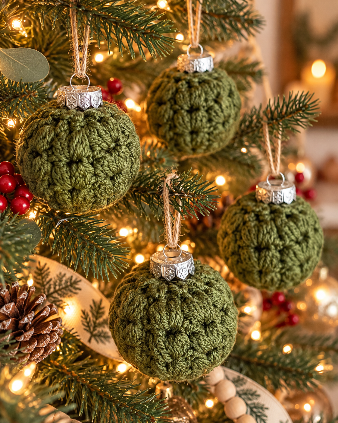 Handmade Crochet Christmas Ornaments – Olive Green
