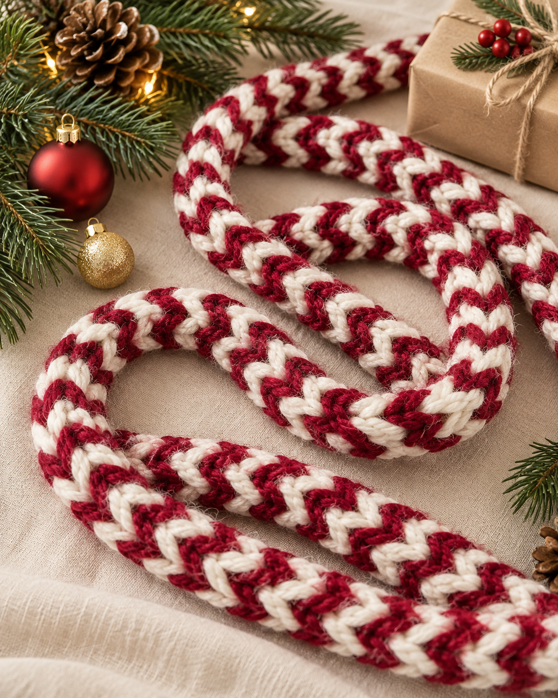 Handmade Chunky Crochet Christmas Garland – Burgundy &amp; Cream