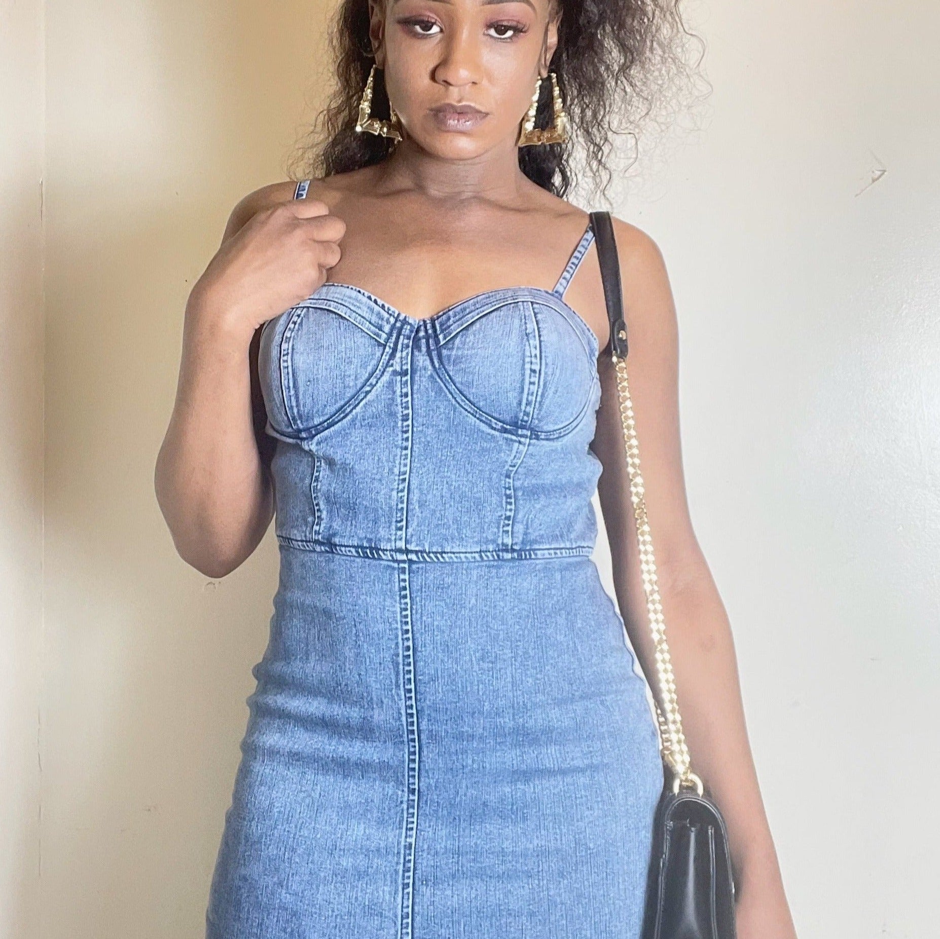 bodycon dress jeans Dark Wash Blue Zip Front Bustier Denim wash denim gives it a relaxed modern feel Denim Bodycon Dress S