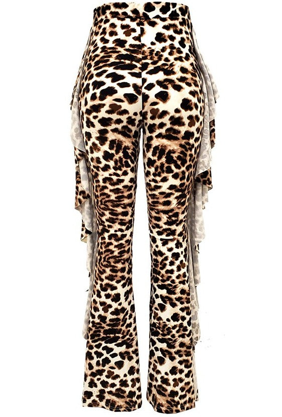 Cheetah Side Ruffle Bell-Bottom Pants - BOSSED UP FASHION