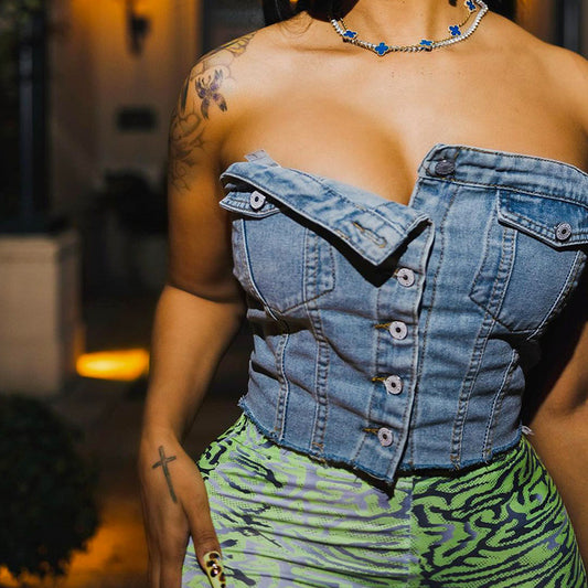 Women Clothing Summer Street Denim Elastic Chest Wrap Button Top